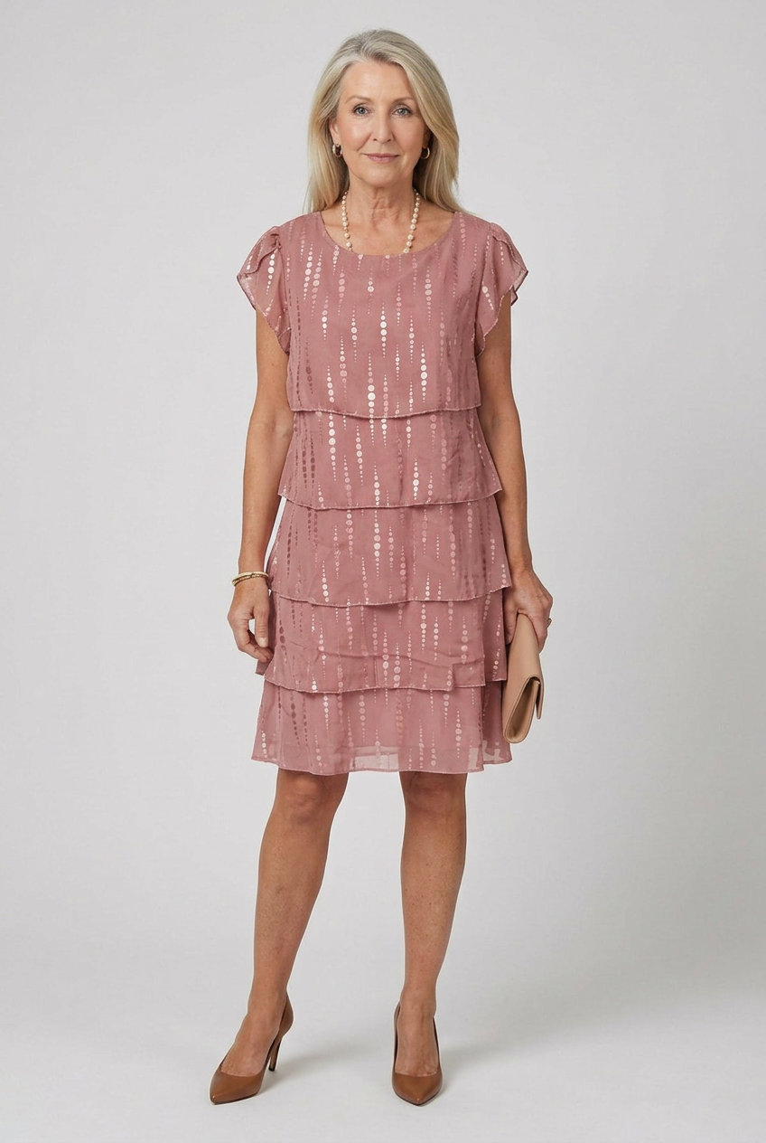 Soft, comfortable women's short sleeve tiered dress with a round neck, offering a relaxed knee length fit.