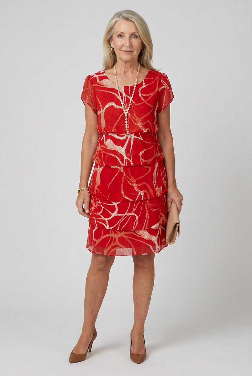 Women's Dusted Tier Knee Length Dress, featuring short sleeves & a round neck, perfect for everyday casual wear.
