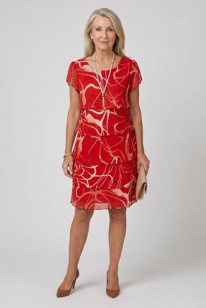 Women's Dusted Tier Knee Length Dress, featuring short sleeves & a round neck, perfect for everyday casual wear.