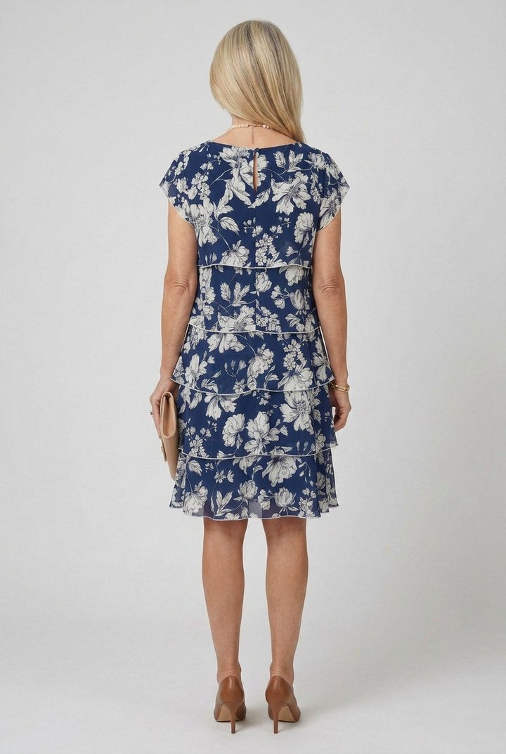 Relaxed fit dusted tiered dress for women, a stylish and comfortable knee length piece for daily wear.