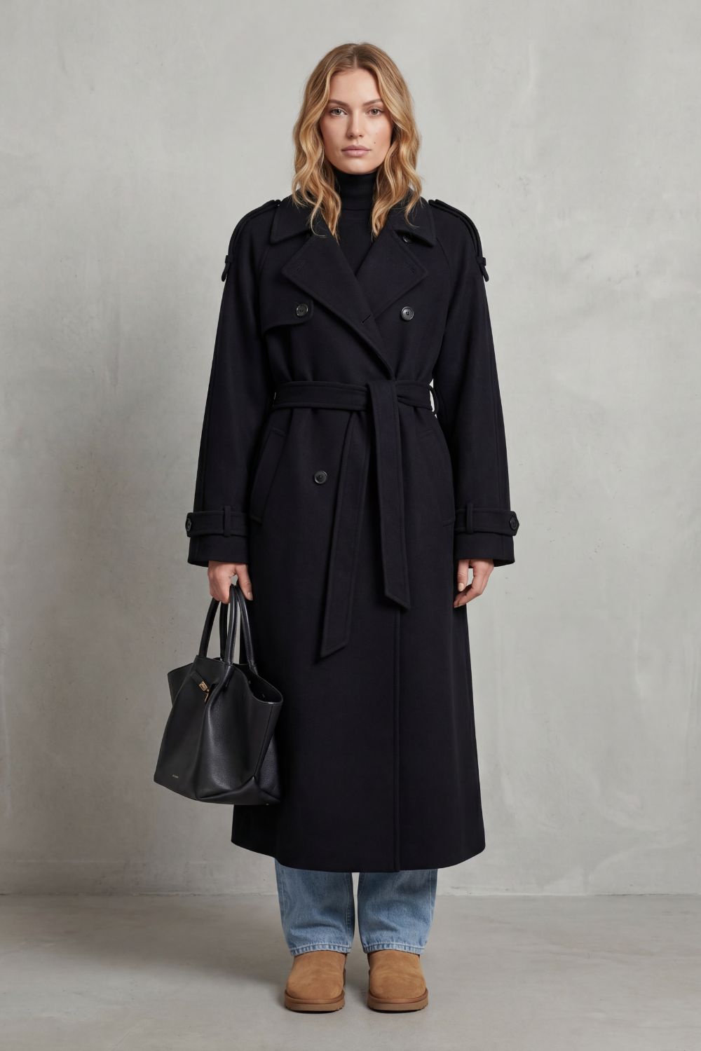 Black oversized trench coat for women. Chic outerwear jacket, ideal for layering in autumn fashion.