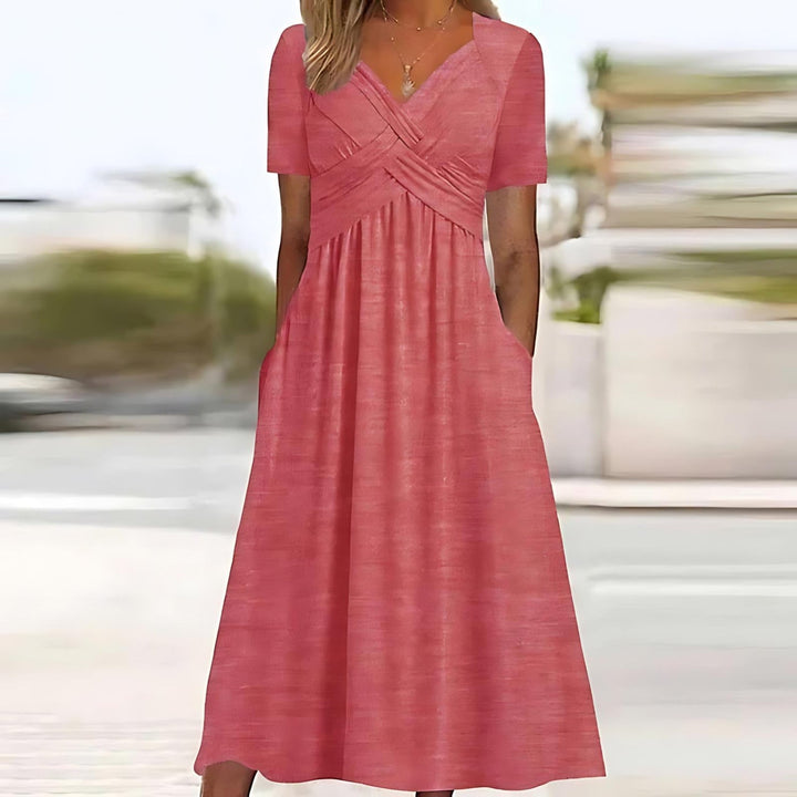 Flattering women's midi dress, elegant style with comfortable belly coverage, ideal for plus size fashion.