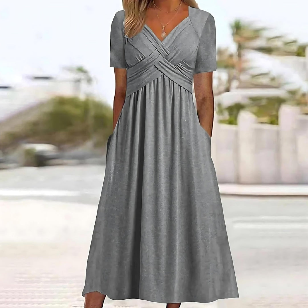 Modest & stylish women's midi dress, elegant design with flattering belly coverage, perfect for any event.