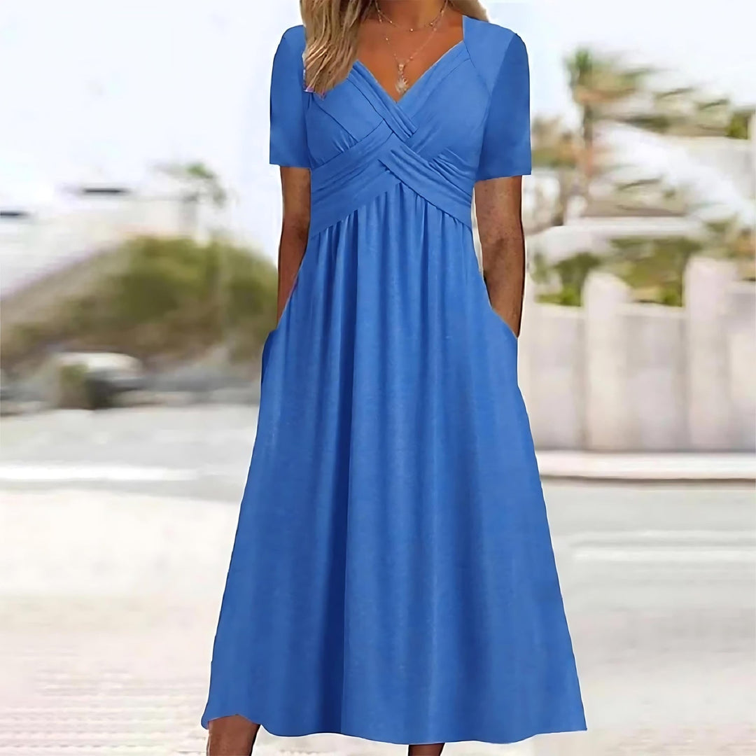 Chic women's midi dress, elegant and flattering with discreet belly coverage, perfect for modern women.