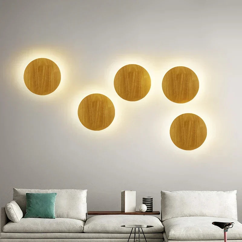 Nordic design wooden wall lamp with warm LED light, enhancing contemporary living space and bedrooms.