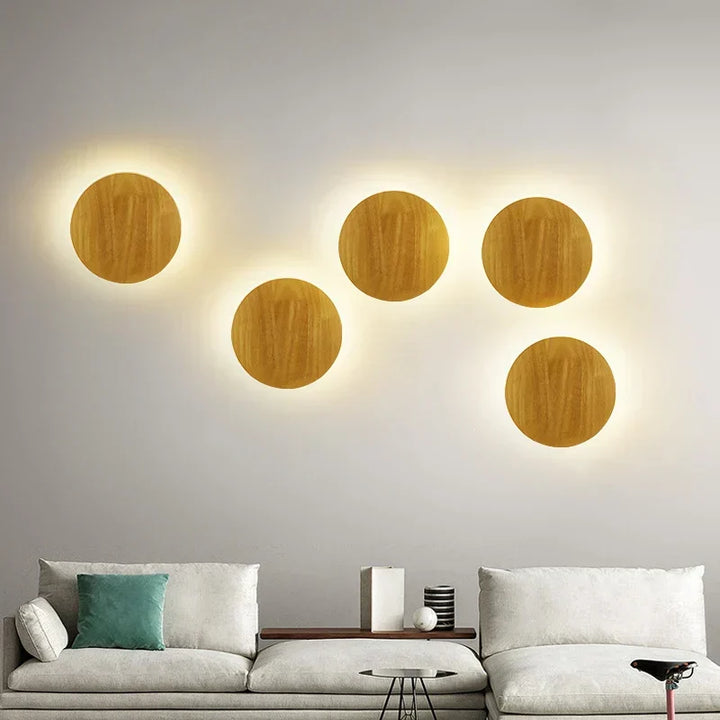Nordic design wooden wall lamp with warm LED light, enhancing contemporary living space and bedrooms.