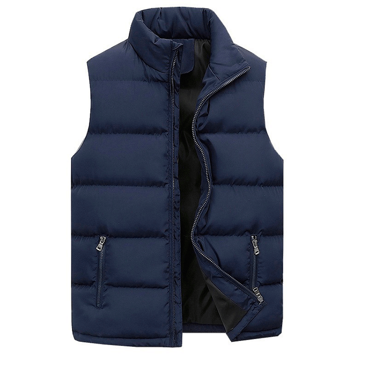 Stylish men's puffer vest, quilted design for warmth, features practical zip pockets for winter layering.