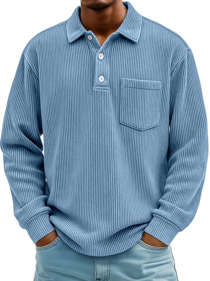 Classic men's long sleeve polo, textured fabric, button placket, for casual comfort.