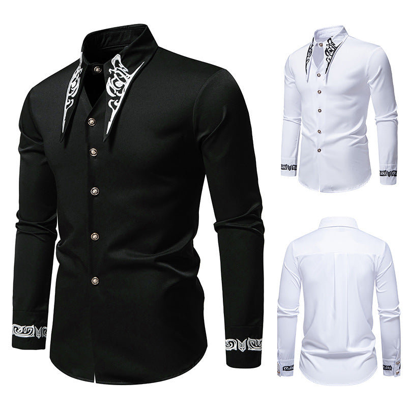 Men's elegant long sleeve shirt with unique collar pattern. Perfect for smart casual or dressy occasions.