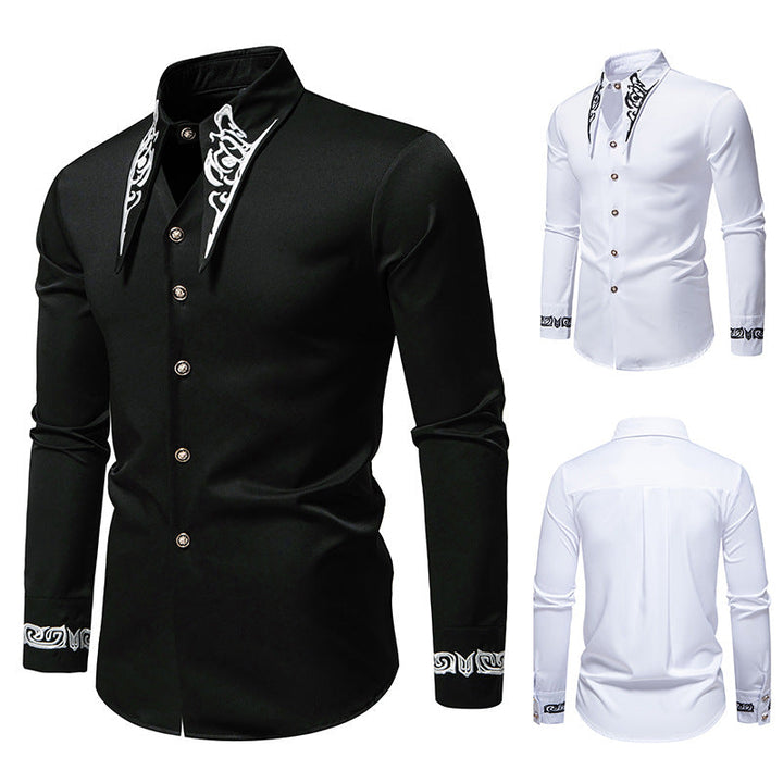 Men's elegant long sleeve shirt with unique collar pattern. Perfect for smart casual or dressy occasions.