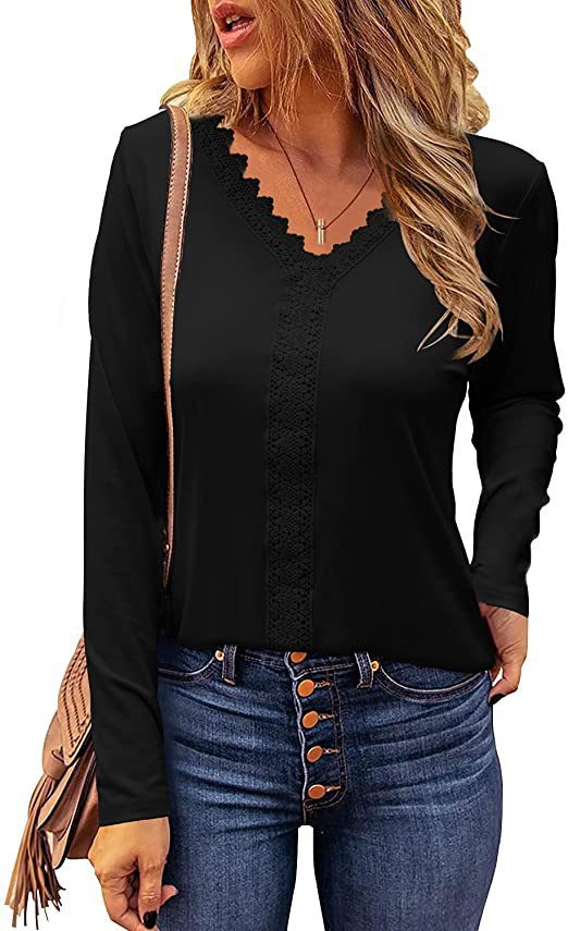 Chic women's long sleeve V-neck tee with delicate lace details, enhancing an elegant look.