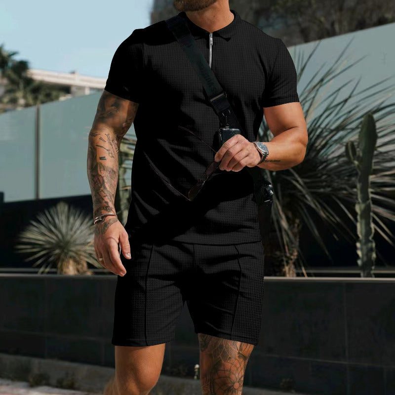 Men's gym workout set: breathable short sleeve tee and matching shorts with unique contrast accents.