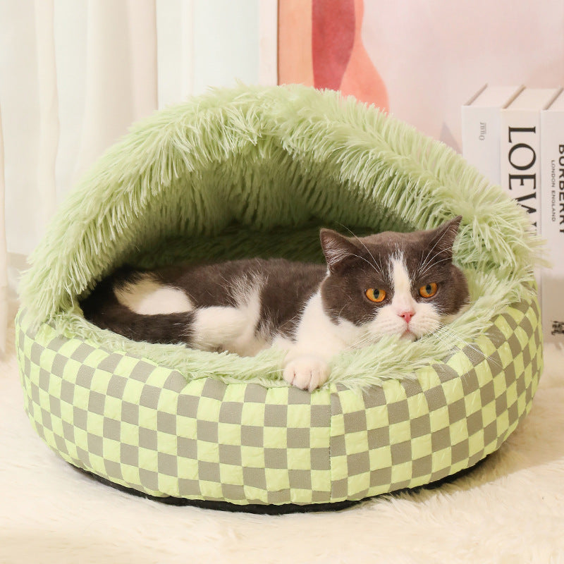 Checked cat cave, a cozy warm pet house and hideaway bed for cats; perfect for naps.