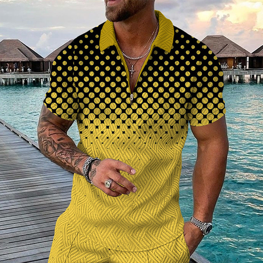 Casual men's short sleeve shirt with unique decorative patterns & button placket. Comfortable for summer fashion.