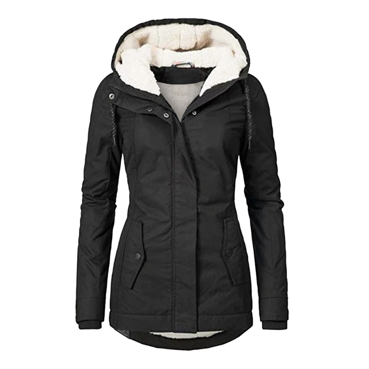 Women's cozy hooded winter jacket with drawstring hood, button pockets, and warm lining for everyday wear.