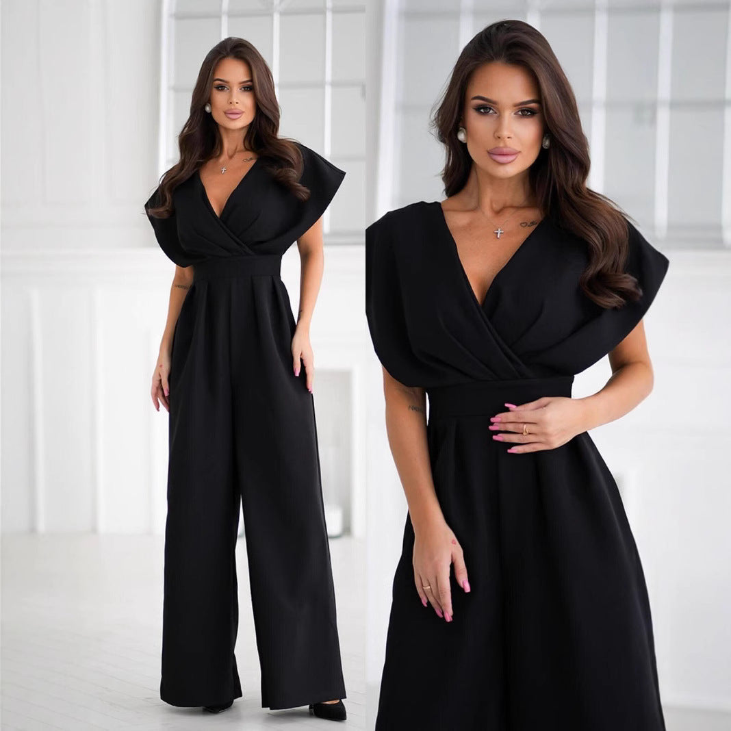 Chic apricot wide-leg V-neck jumpsuit for women, sleeveless design. Ideal for fashion-forward looks.