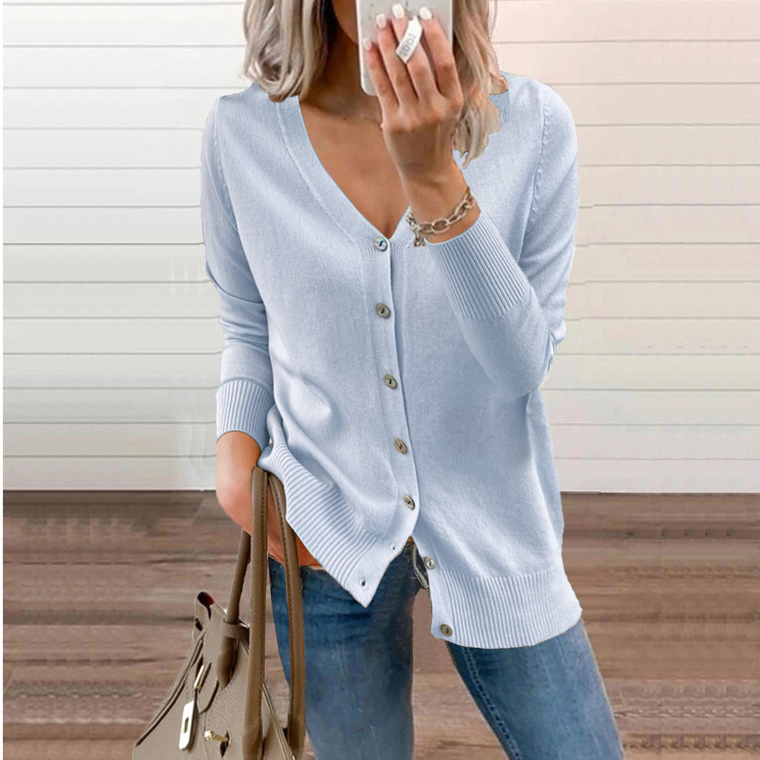 Women's V-neck long-sleeve button cardigan, a cozy winter layer providing soft comfort.