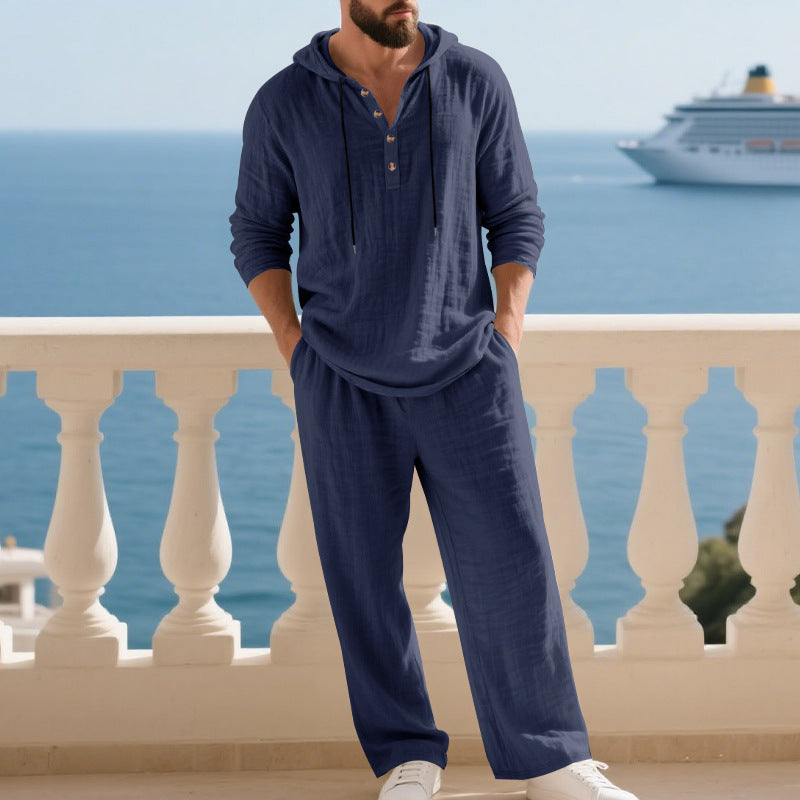 Stylish men's two-piece casual hoodie outfit, ideal for lounging or travel.