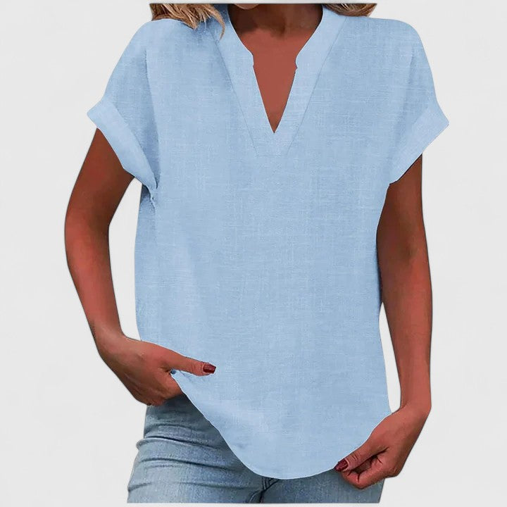 Soft fabric women's V-neck blouse, short sleeve for a comfortable, stylish look.
