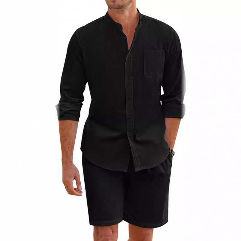 Men's casual short sleeve shirt & shorts set, ideal for beach trips & warm weather. Summer apparel.