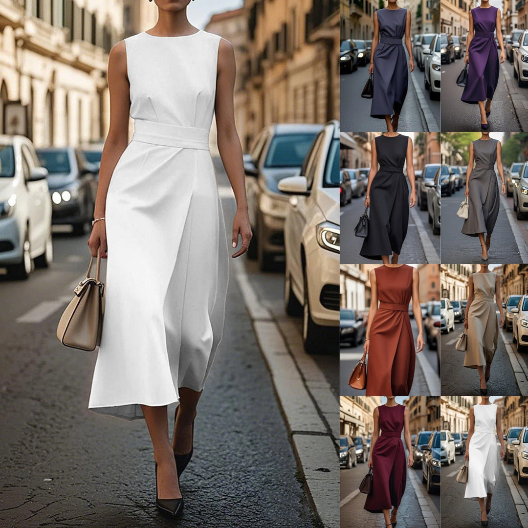 Elegant black draped maxi dress for women, featuring a flattering slim waist design.