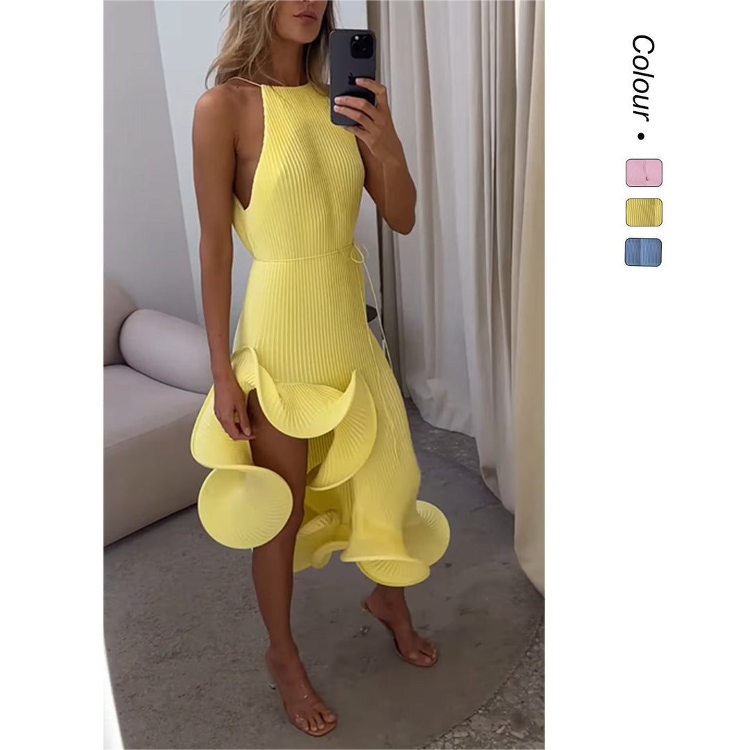 Vibrant women's asymmetrical ruffle pleated maxi dress, perfect for elegant summer fashion & occasion wear.