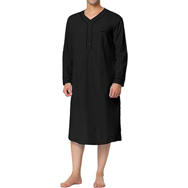 Gentle men's nightgown, soft cotton blend with button placket & chest pocket. Perfect comfortable loungewear.