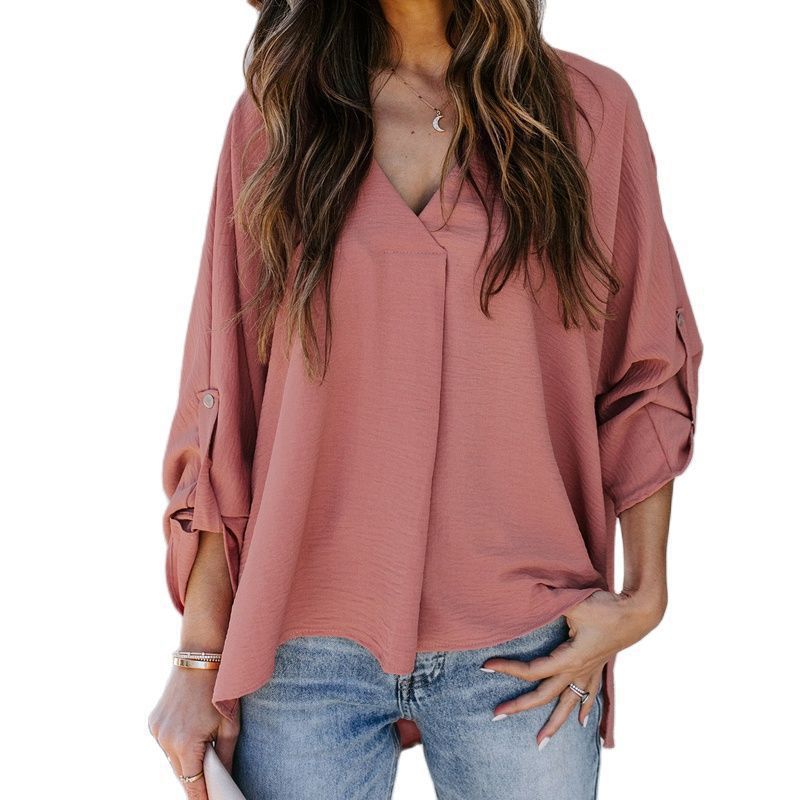 Lightweight women's V-neck casual blouse, short sleeve, a stylish top for summer daily wear.