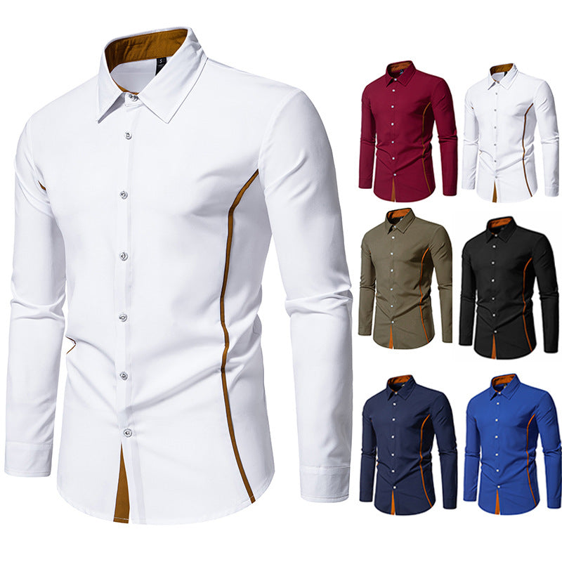 Modern men's business casual shirt, long sleeve, showcasing subtle yet stylish contrast stitching.