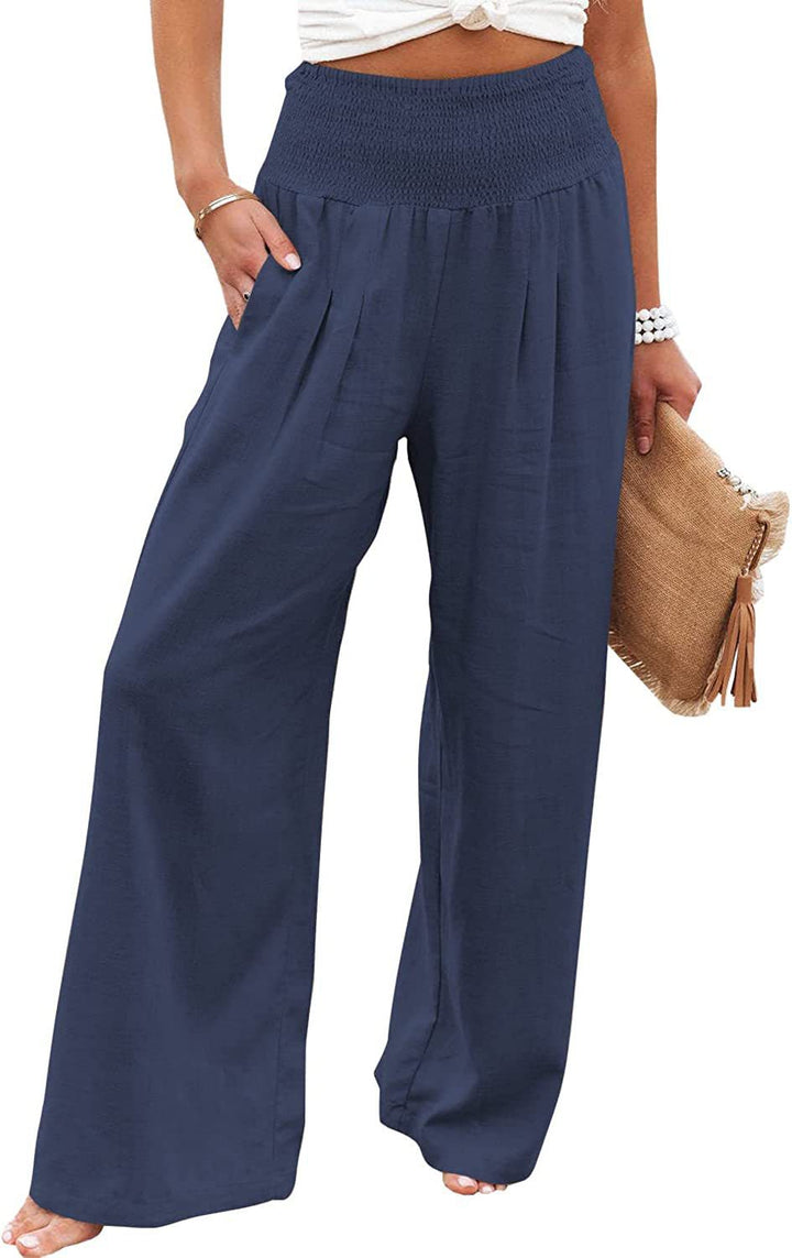 Comfy women's wide leg pants with an elastic waist, great for summer daily wear or beach outings.