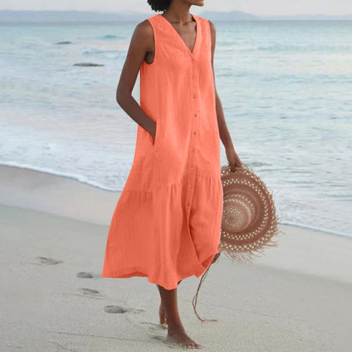 Women's comfortable sleeveless summer midi dress with pockets. Perfect for everyday casual style & vacation.