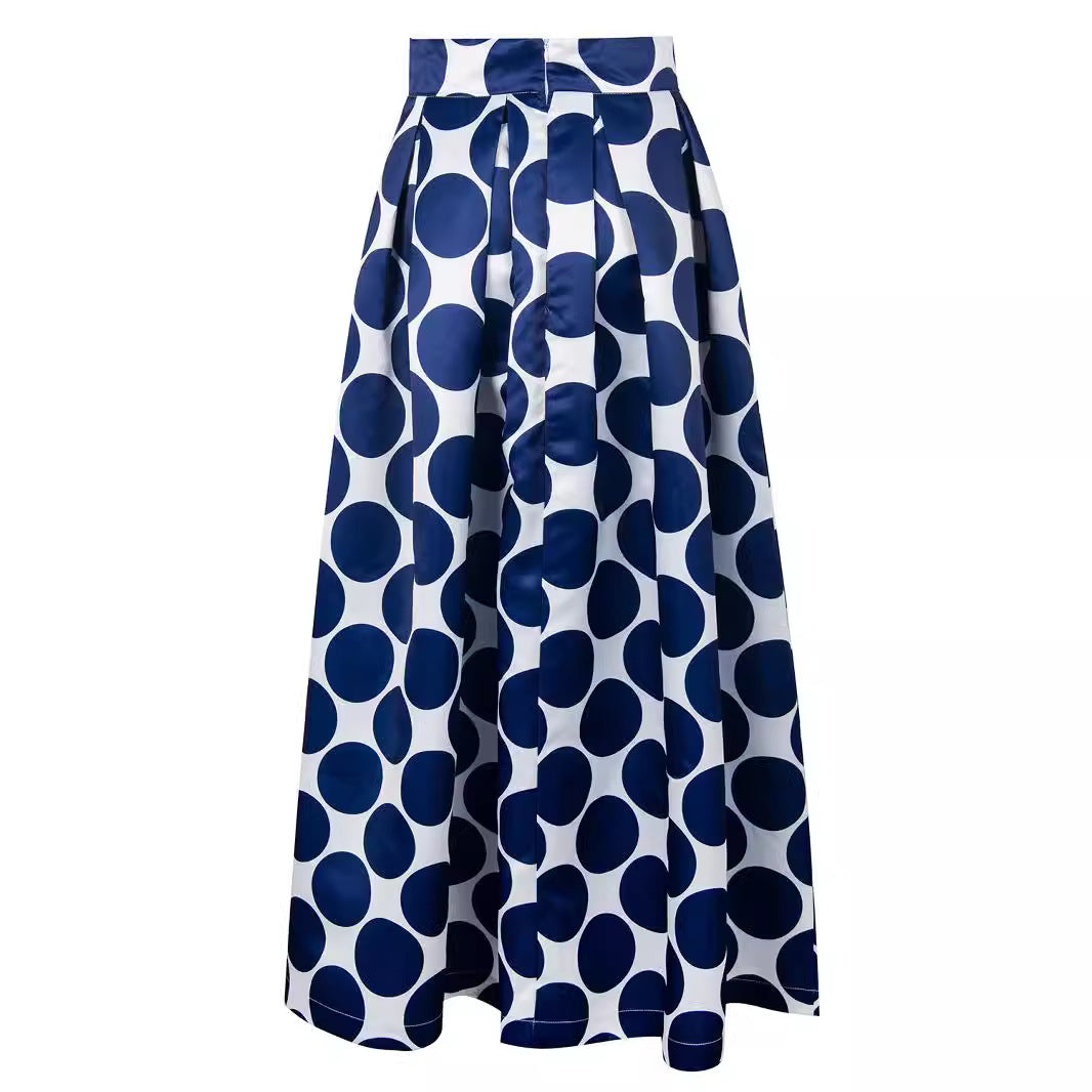 High-waisted women's A-line skirt with classic polka dot pattern, versatile and comfortable for daily wear.