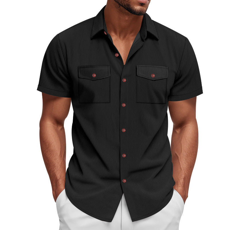 Trendy men's short sleeve striped shirt. This versatile top features dual chest pockets, ideal for summer fashion.