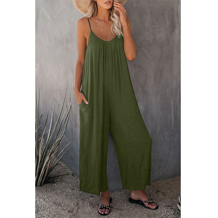Versatile women's summer jumpsuit, sleeveless with a plunging neck, perfect for casual or vacation wear.