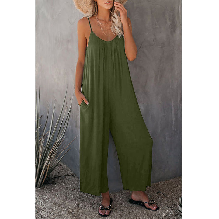 Versatile women's summer jumpsuit, sleeveless with a plunging neck, perfect for casual or vacation wear.