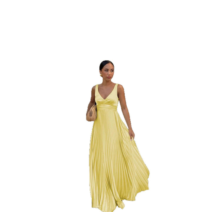 Stylish women's pleated V-neck A-line dress. Flattering silhouette for a chic summer look.
