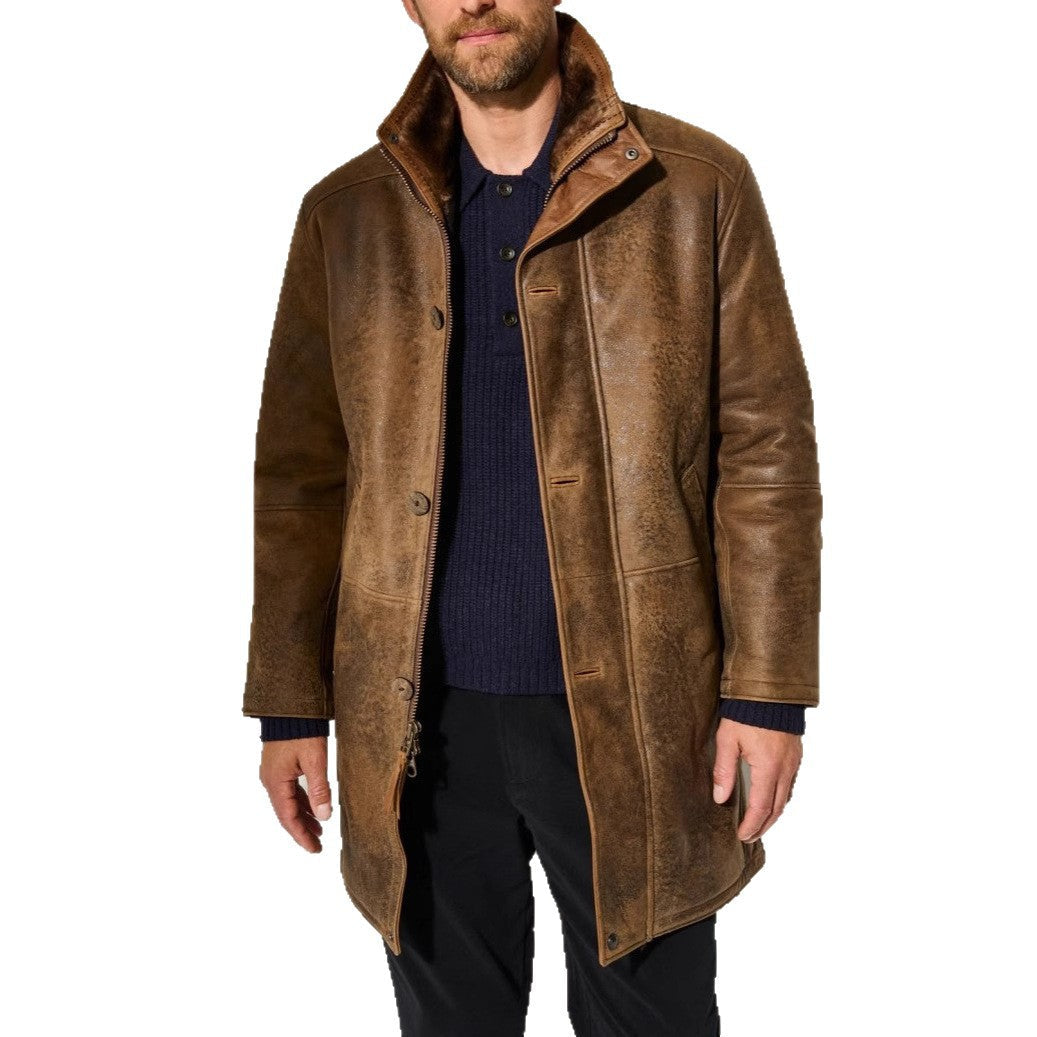 Men's premium elegant long brown winter coat, warm & sophisticated outerwear for cold weather fashion.