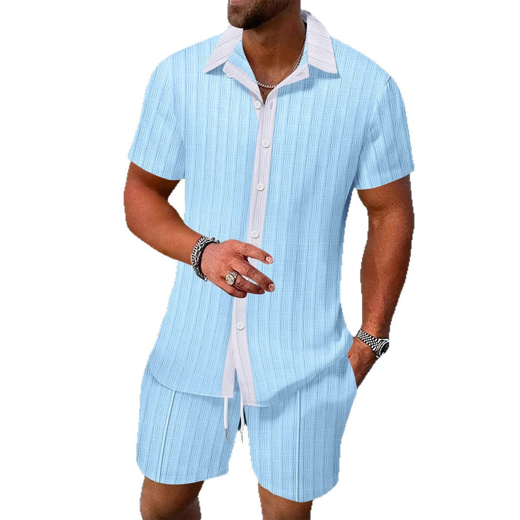 Complete men's casual summer set with a button shirt and comfortable shorts for leisure and vacation.