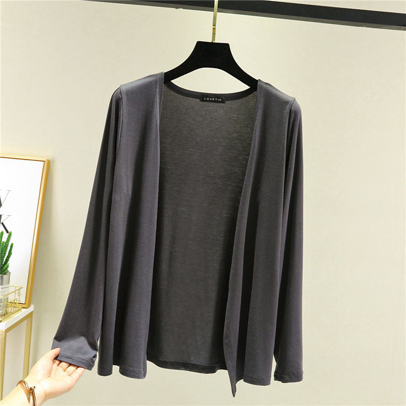 Spring/summer women's lightweight open front long sleeve cardigan, adds a chic, airy layer.
