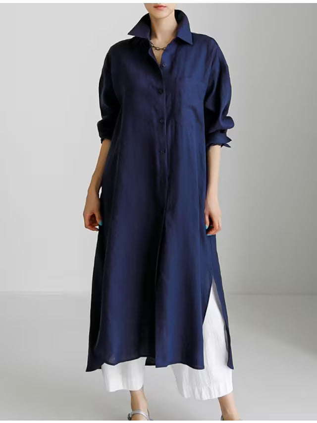 Flowy women's lightweight shirt dress, a comfortable and elegant button-down midi with stylish side slits.
