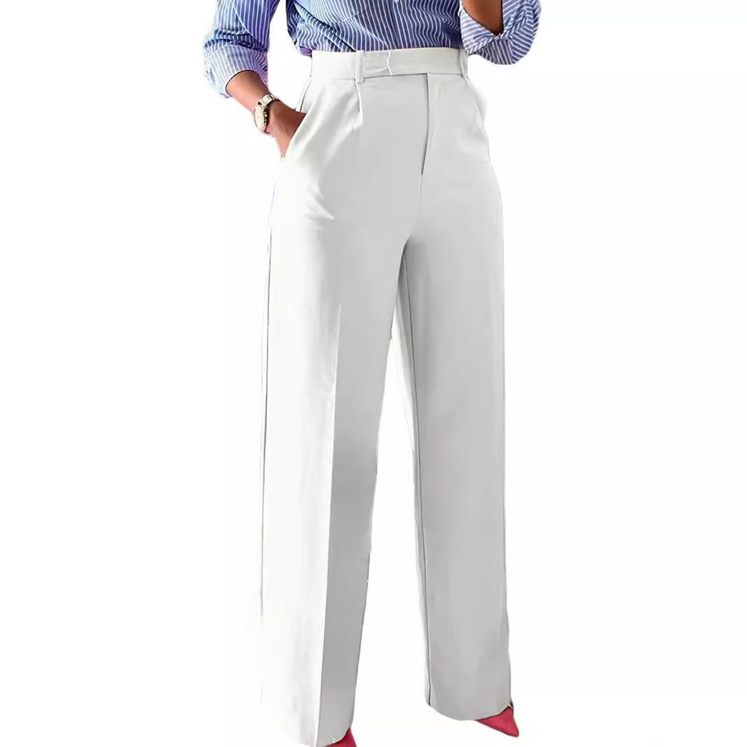 Smooth tailored women's wide leg trousers, high waist comfort for stylish everyday wear.