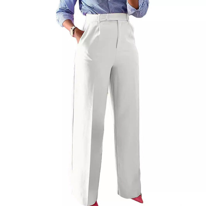 Smooth tailored women's wide leg trousers, high waist comfort for stylish everyday wear.