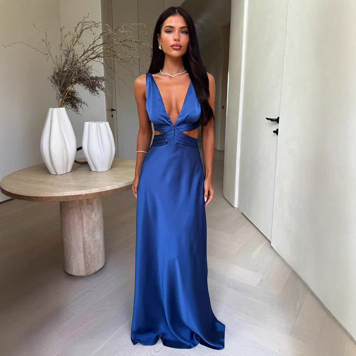 Formal women's special occasion dress with deep V-neck and elegant cut-out details.