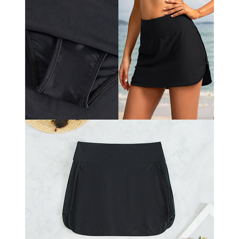 Elegant women's swim skirt with a stylish side slit and comfortable elastic waistband, perfect for beachwear.