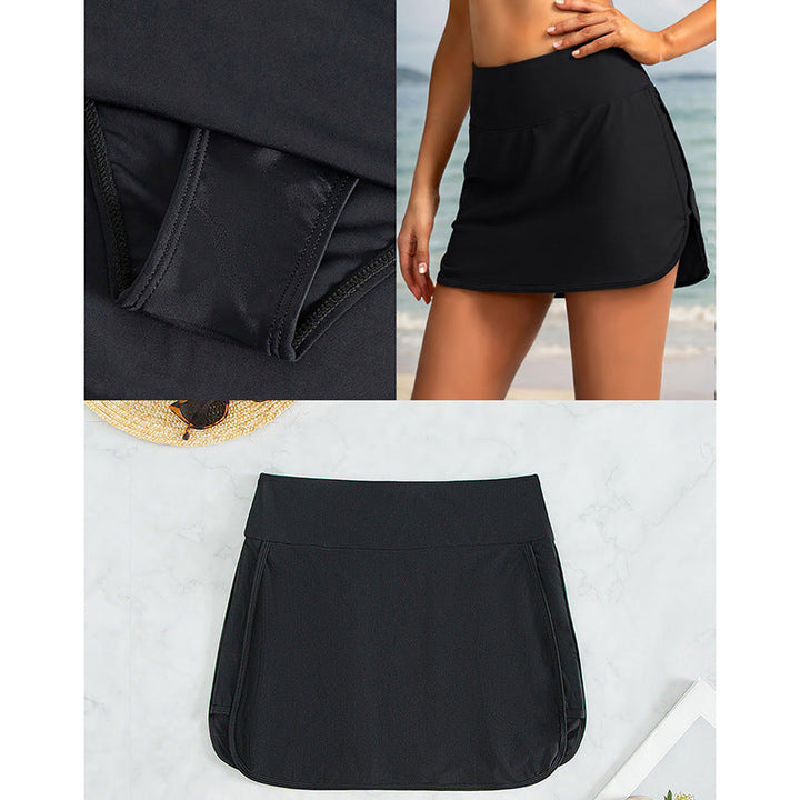 Elegant women's swim skirt with a stylish side slit and comfortable elastic waistband, perfect for beachwear.