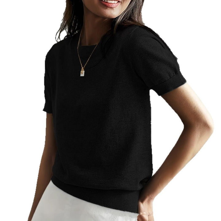Sophisticated women's short sleeve knit top, a must-have for effortless spring fashion.