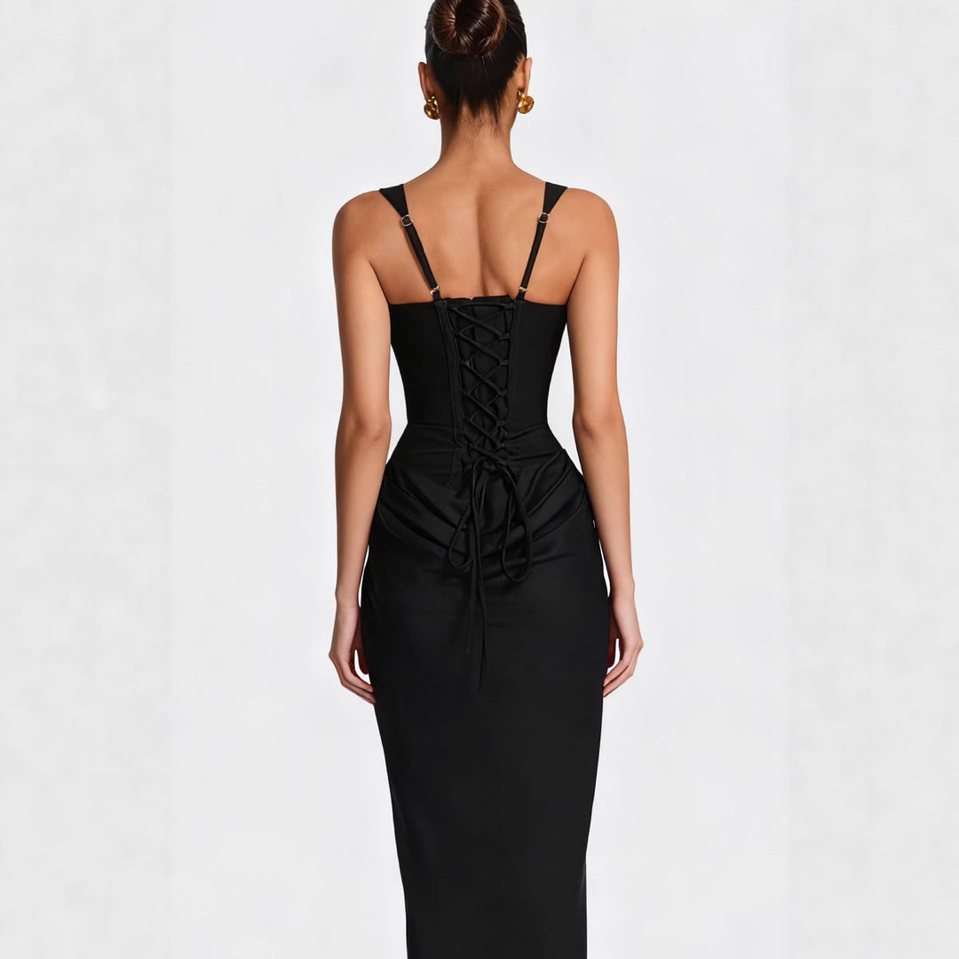 Sleek women's black evening gown, figure-hugging and elegant from the back, perfect for special occasion fashion.
