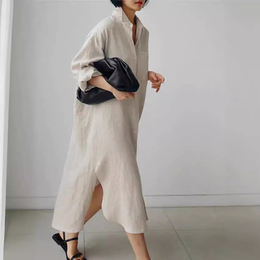 Soft, lightweight midi shirt dress for women, featuring side slits; versatile for elegant casual & summer comfort.