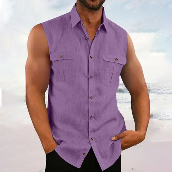 Lightweight men's sleeveless button-down shirt, comfortable & breathable with practical pockets.