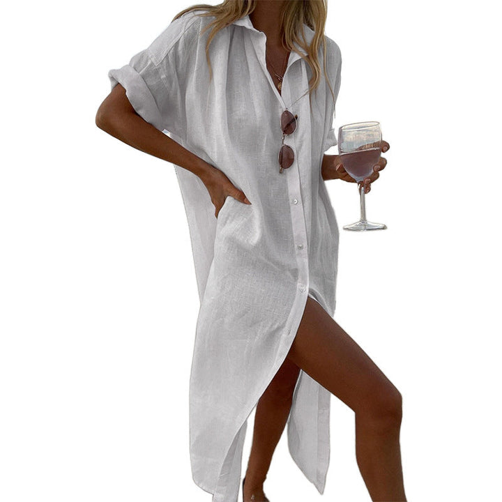Comfortable women's button-down blouse, lightweight and loose fit, versatile for beach, resort, or casual wear.